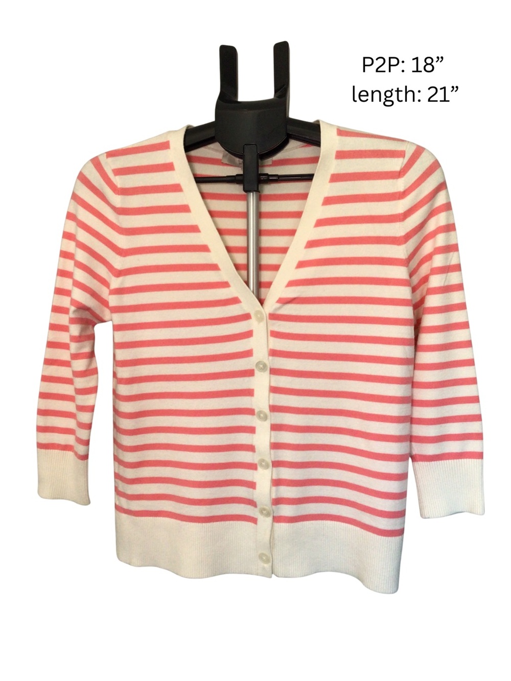 LOFT Pink and White Striped V-Neck Cardigan